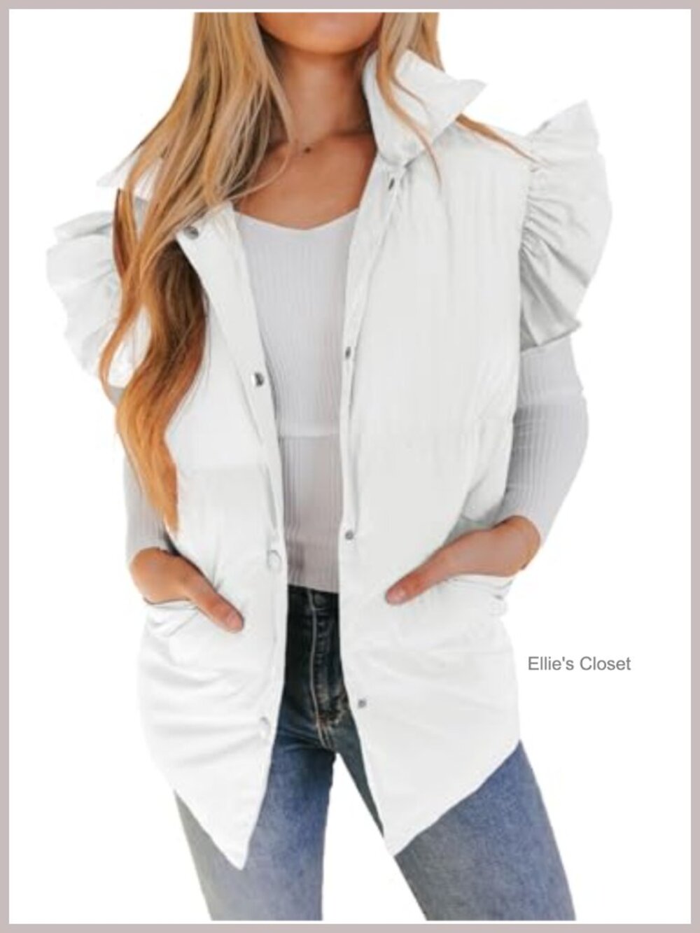 Women's Puffer Vest Ruffle Sleeve Button Down Winter Gilet